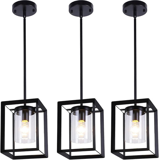 3 Pack Black Pendant Lights for Kitchen Island, Farmhouse 1-Light Iron Cage Metal Hanging Light with Clear Glass Shade, Industrial Lighting Fixtures for Living Room Bedroom Hallway Foyer