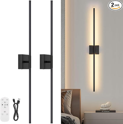Wall Sconces Set of Two with Remote Control, 39.4 in Dimmable Black Battery Operated Wall Lights, 350° Ratation 3000K-6000K LED Wireless Rechargeable Sconce for Bathroom, Living Room, Bedroom