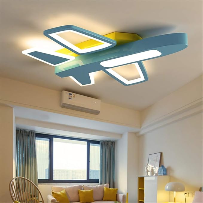 RUNNUP Acrylic Cartoon Airplane Ceiling Lamp Boy Bedroom Creative LED Flush Ceiling Light Stepless Dimming for Kindergarten Children Bedroom Kids Room Study Room, Blue
