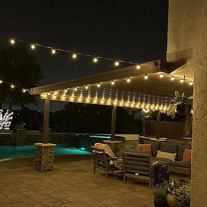 Novelty Lights 100 Feet G40 LED Patio String Light Set with 67 Bulbs, Warm White, Weather Resistant and Shatterproof Replaceable Plastic Globe Bulbs, Black Wire