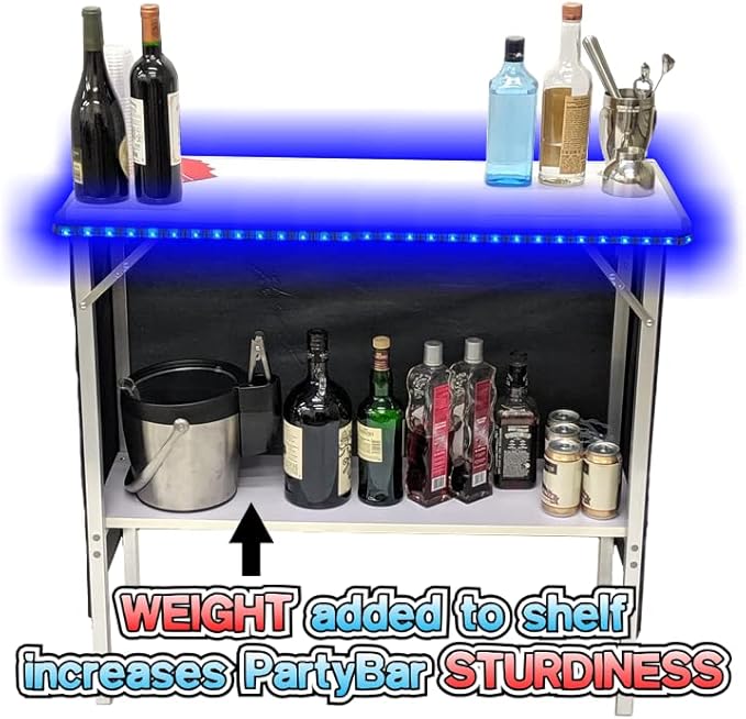 Folding Portable Party Bar w/Patended LED Lights, Black & Hawaiian Bar Skirts, Storage Shelf, & Carrying Case