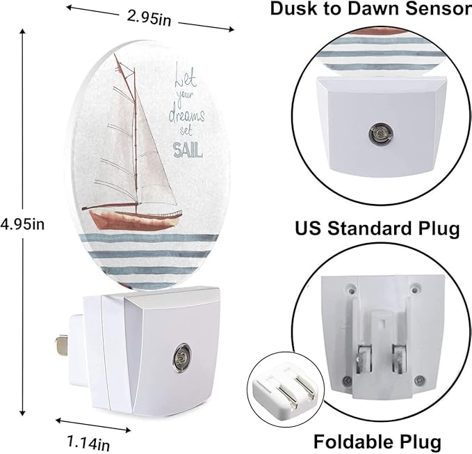 Boat Night Light Let Your Dreams Set Sail Sea Nautical Night Lights Plug into Wall 0.5W LED Lighting Auto on/Off for Hallway Stairway Kitchen Boys Girls Bedroom
