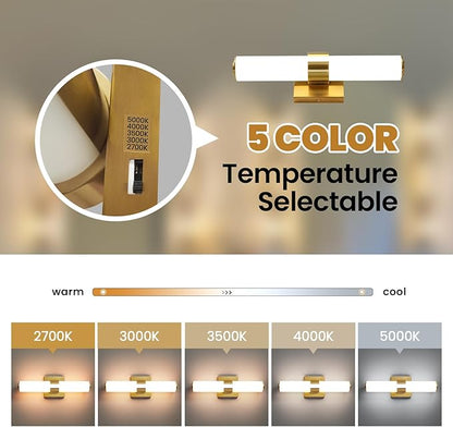 AIJIASI Gold Bathroom Light Fixtures - 16 Inch Modern Vanity Light 15W 5CCT Dimmable LED Bathroom Sconce with Acrylic Shade, Indoor Vanity Lighting Fixtures Over Mirror