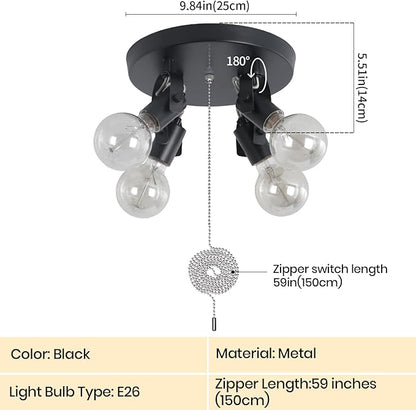4 Light Flush Mount Ceiling Light with Pull Chain, Industrial Kitchen Ceiling Light with Rotatable Light Head,Black Pull Chain Ceiling Spotlight for Bedroom Hallway Kitchen Laundry