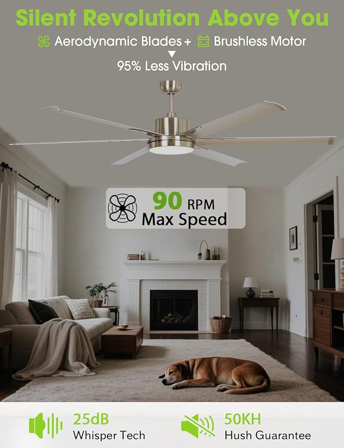 65-Inch DC Motor Ceiling Fan with LED Light, 6 Aluminum Blades, Remote Control, Sand Nickel Finish, 2700K Warm White, Energy Efficient Indoor Ceiling Fan for Living Room & Bedroom