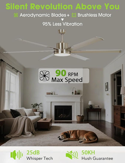 65-Inch DC Motor Ceiling Fan with LED Light, 6 Aluminum Blades, Remote Control, Sand Nickel Finish, 2700K Warm White, Energy Efficient Indoor Ceiling Fan for Living Room & Bedroom