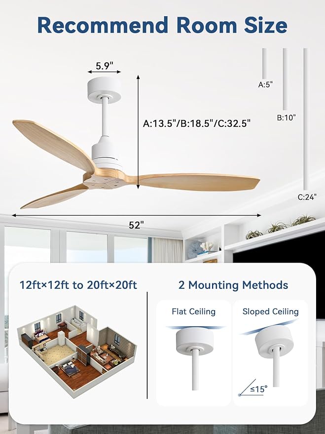 Sofucor 52 Inch Ceiling Fan no Lights, Quiet 6-Speed 3 Blades Modern Wood Ceiling Fan with Remote, for Indoor Bedroom Living Room Outdoor Patio Porch