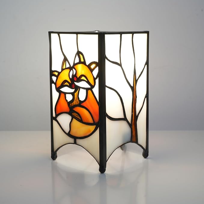 Tiffany Lamp Orange Stained Glass Table Lamp Small Foxes Animal Night Light Mini Retro Bedside Table Light for Home Decor Boys Girls Christmas Halloween Gifts