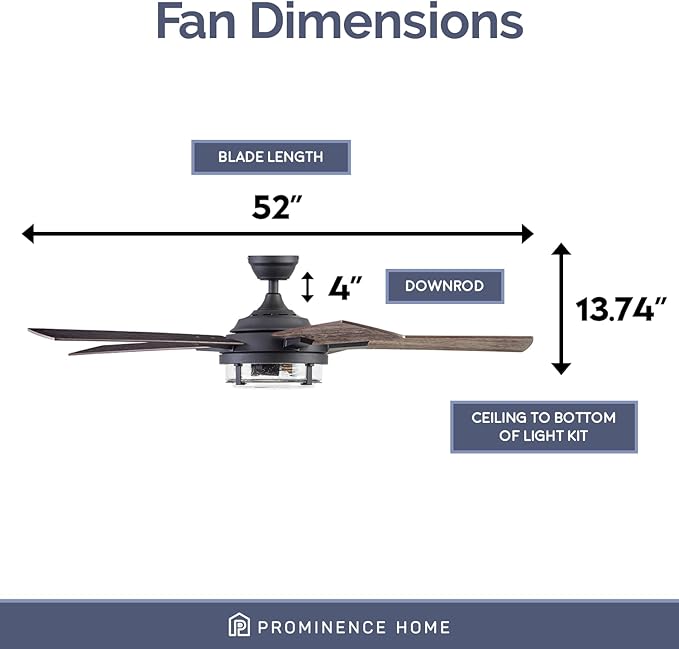 Prominence Home Freyr, 52 Inch Indoor Outdoor LED Ceiling Fan with Light, Remote Control, Dual Mounting Options, 5 Dual Finish Blades, Reversible Motor - 51484-01 (Textured Black)