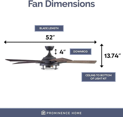 Prominence Home Freyr, 52 Inch Indoor Outdoor LED Ceiling Fan with Light, Remote Control, Dual Mounting Options, 5 Dual Finish Blades, Reversible Motor - 51484-01 (Textured Black)