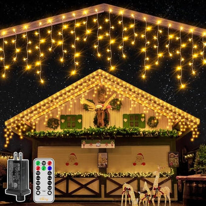 Ollny Icicle Lights for Outside 400LED 32FT, Warm White Christmas Light with Remote 8Modes Timers Waterproof, Plug in Connectable Hanging Lights for Outdoor Indoor House Roof Holiday