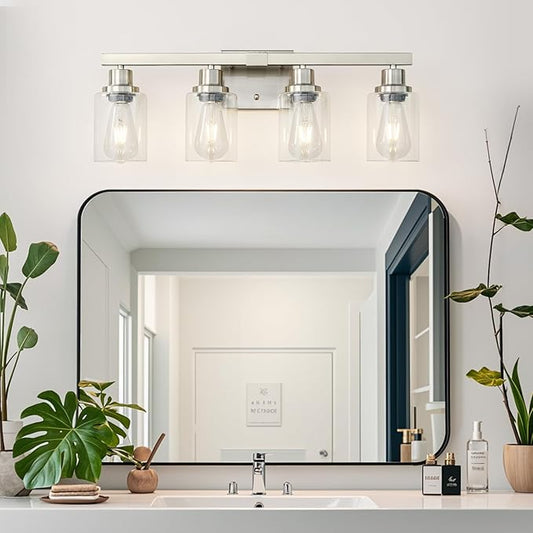 Bathroom Vanity Light, 4-Light Nickel Modern Matte Wall Sconce Lighting with Clear Glass Shade, Wall Lights,Bath Vintage Wall Mounted Lamps for Mirror Bedroom Living Room