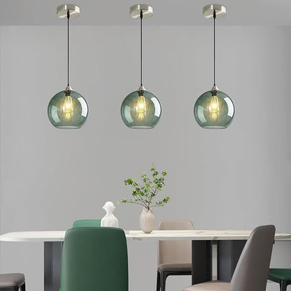 Modern 3-Pack Glass Globe Pendant Lights, Gray Green Modern Pendant Lighting for Kitchen Island, Glass Hanging Lamps for Dining Room Living Room Bedroom, Small 5.9 Inch Fixture (Bulbs Not Included)