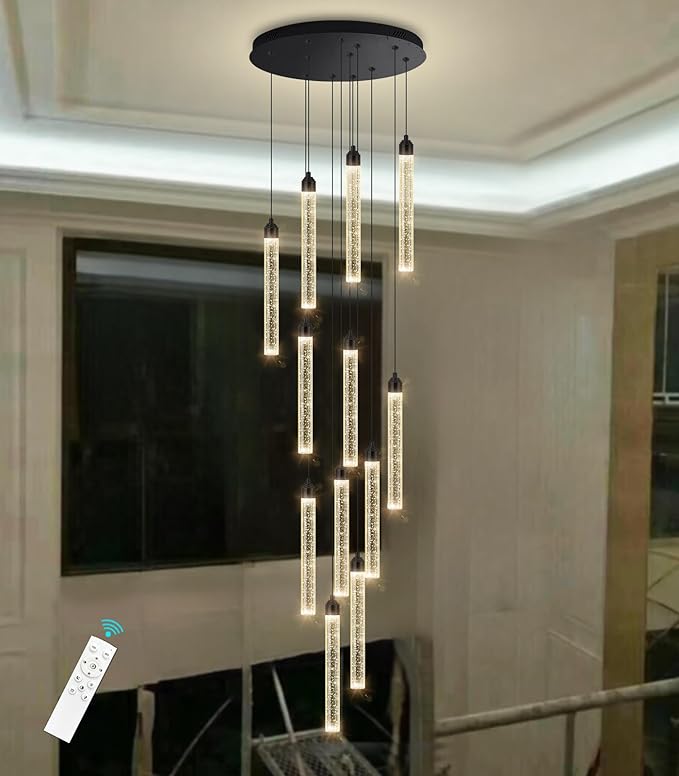 12-Lights Modern Chandeliers for Entryway High Ceiling Chandelier LED Dimmable Long Lights Fixture Pendants Lighting Crystal Chandeliers for Hallway Foyer Living Room Black Finished Lighting