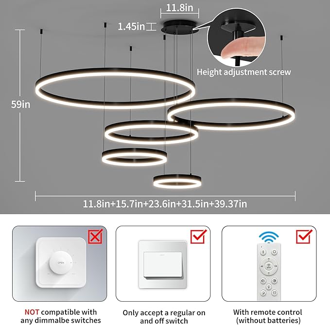 Mikeru Modern 5 Ring Chandelier Light, LED Pendant Light Fixtures with Remote Control 3000k-6500K Adjustable Color Temperature Light for Living Room, Kitchen (11.8+15.7+23.6+31.5+39.5in)