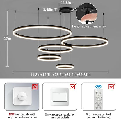 Mikeru Modern 5 Ring Chandelier Light, LED Pendant Light Fixtures with Remote Control 3000k-6500K Adjustable Color Temperature Light for Living Room, Kitchen (11.8+15.7+23.6+31.5+39.5in)
