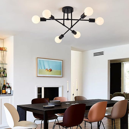 Semi Flush Mount Ceiling Light Fixture, 6 Lights Modern Sputnik Chandelier Ceiling Lamp with E26 Bulb Base, Light Fixtures Ceiling Mount for Bedroom Kitchen Living Room Hallway (Black)
