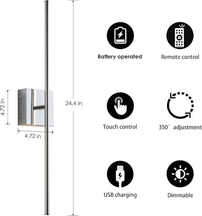KARTOOSH Battery Operated Wall Sconces with Remote Control, Dimmable Wall Sconces Set of Two, 350°Rotate, 3000K LED Chrome Wireless Wall Light for Living Room, Hallway, Bedroom, 24.4 Inch (2 Pack)