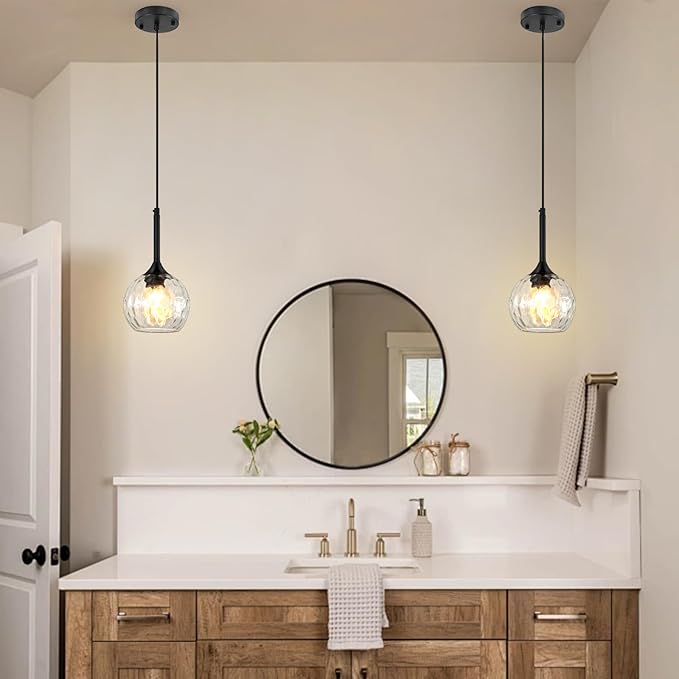 Glass Pendant Lights Kitchen Island: 5.91'' 1-Light Hammered Glass Pendant Light with Black Finish - Modern Minimalist Hanging Light Fixture for Kitchen Sink Dining Room Bathroom- E26 Base