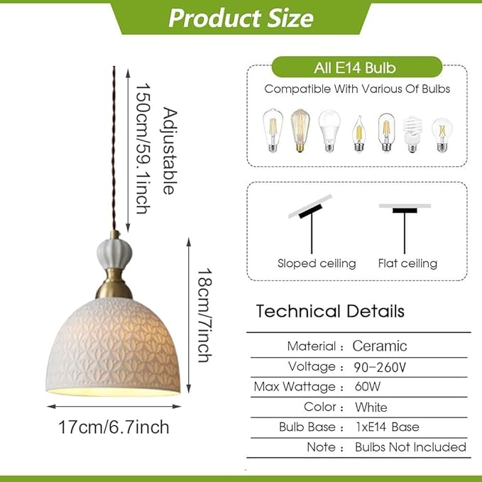 Modern Ceramics Chandelier 1-Light Fixture Industrial Ceramics Pendant Lighting Adjustable Cord Farmhouse Ceiling Hanging Lamp for Kitchen Island Restaurant Kitchen Sink
