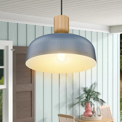 Darkaway Dusk to Dawn Industrial Pendant Light Fixtures Ceiling Hanging with Hammered Metal Shade, Blue Pendant Light for Outdoor Porch Lighting Hanging Lamp Adjustable Height