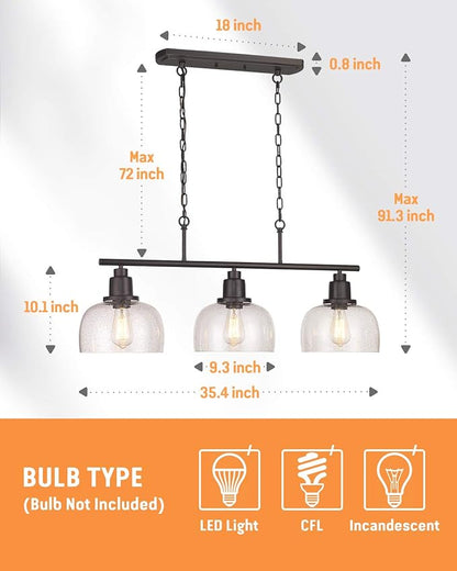 EAPUDUN 3-Light Kitchen Island Light, 35.4" Farmhouse Chandelier for Dining Room Pool Table Pendant Light, Black Finish with Seeded Bubble Glass, PDA1125-ORB