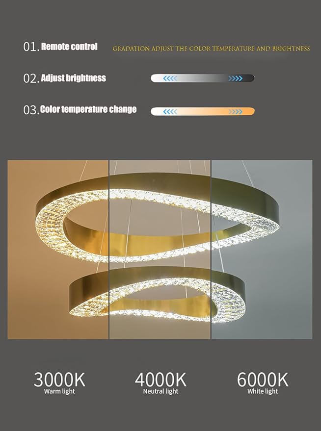 Gold Plated Crystal Chandelier for Living Room 2 Rings D20''+D28'' 120W Modern Gold Ceiling Lights for Dining Room, Hotel Dimmable 2700k 4500k 6000k