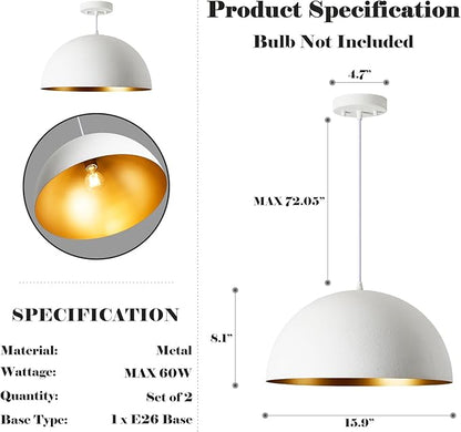 16” Large Dome Pendant Light Fixtures, White and Gold Hemispheric Pendant Lights Kitchen Island, Modern Adjustable Hanging Ceiling Light Chandelier for Kitchen Island Living Room Dining Room, 2 Pack