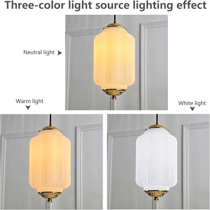 Milk Glass Pendant Light, 5.5 Inch White Adjustable Cord Hanging Lamp, Dimmable E26 Base Vintage Pendant Light Fixture for Bedroom Bathroom Entryway