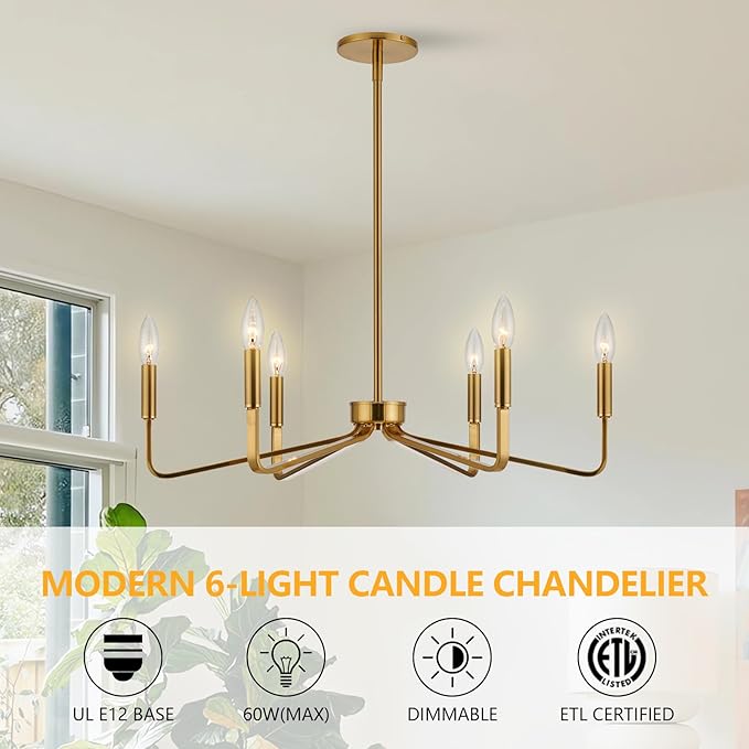 Brushed Gold Chandeliers for Dining Room, 6-Light Modern Farmhouse Chandelier, Brass Candle Style Hanging Light Fixture for Living Room Bedroom Kitchen Island