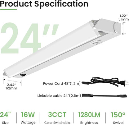 ALUSSO Under Cabinet Lighting, 24 Inch Linkable LED Under Cabinet Lights with Plug, 150° Swivel Light Bar, 3 Color Temperatures (3000/4000/6500), 16 W 1280 Lumen, for Kitchen Counter, Closet - 2 Pack