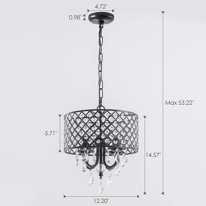 VILUXY Black Crystal Chandelier Modern Ceiling Pendant Light Fixture Drum Raindrop 4-Light Hanging Light for Bedroom Kitchen Island Dining Room Entry