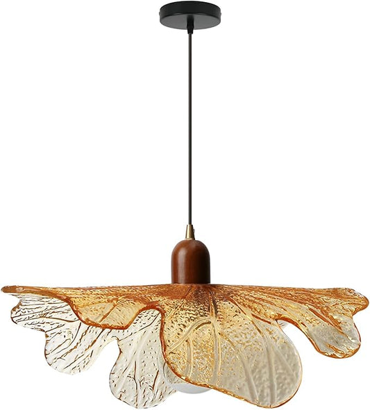 15.75" Large Flower Petal Adjustable Hanging Ceiling Light, Amber Glass Pendant Light Mid-Century Modern Wood & Metal Pendant Lamp for Dining Room Kitchen Island