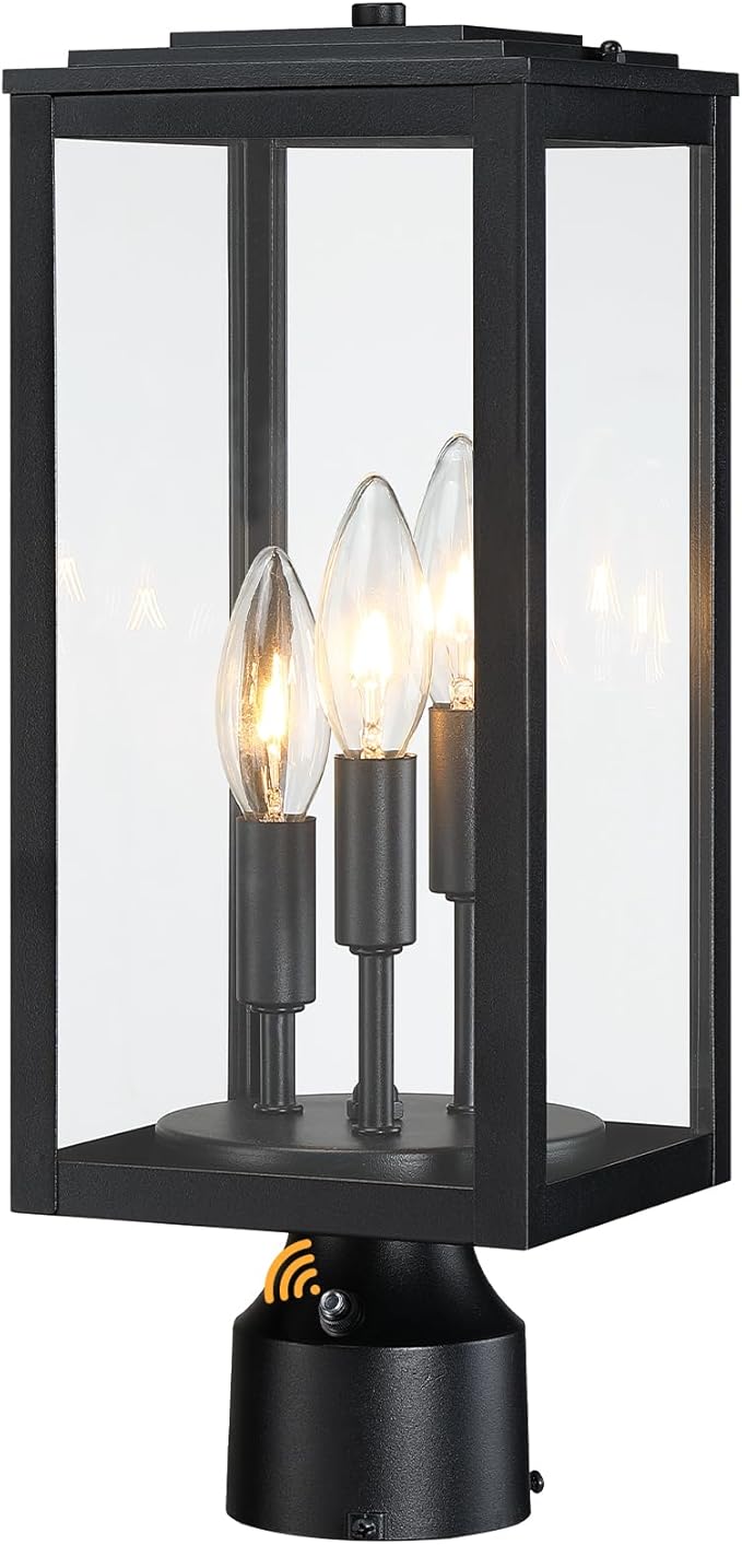 16.6'' Dusk to Dawn Post Light Outdoor, Large 3-Light Lamp Post Light Fixture, Modern Pillar Outside Lighting Waterproof Post Lantern Pole Lights for Porch, 1 Pack (Not Include Mounting Base)