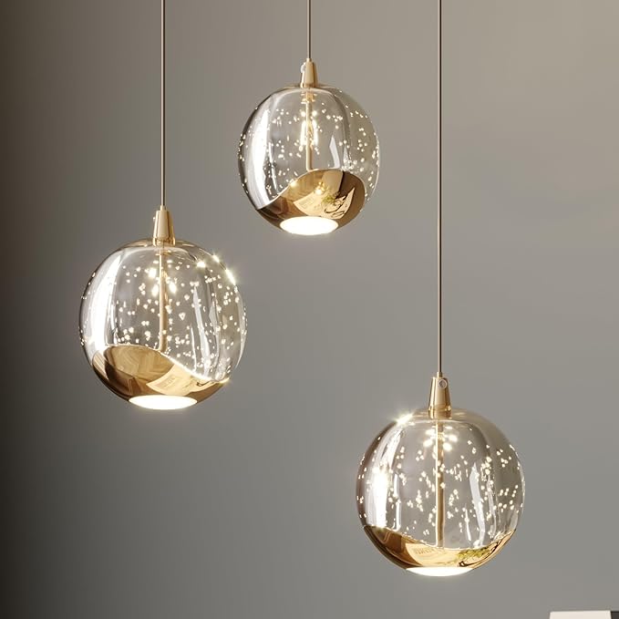 3-Light Gold Glass Globe Chandelier, Modern Bubble Glass Cluster Pendant Lights for Kitchen Island & Dining Room Light Fixture & Foyer Chandelier, Warm White 3000K, LED 1175 lm, Ø 9.8 in