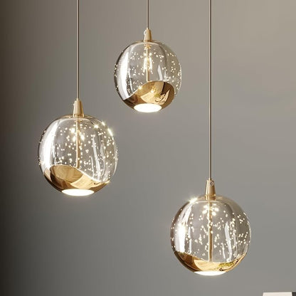 3-Light Gold Glass Globe Chandelier, Modern Bubble Glass Cluster Pendant Lights for Kitchen Island & Dining Room Light Fixture & Foyer Chandelier, Warm White 3000K, LED 1175 lm, Ø 9.8 in