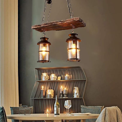 Wood Retro Pendant Lighting Industrial Vintage Chandelier Black Metal Bedroom Restaurant Suspension Lamp Cage Frame with Glass Shade House Loft Bar Coffee Decoration Ceiling Lights Fitting, E27