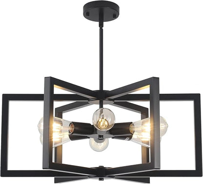 Modern Farmhouse Chandelier, 23.6'' Large Black Chandelier Light Fixture Industrial Geometric Chandeliers for Dining Room Entryway Living Room Kitchen (6 Lights, E26)