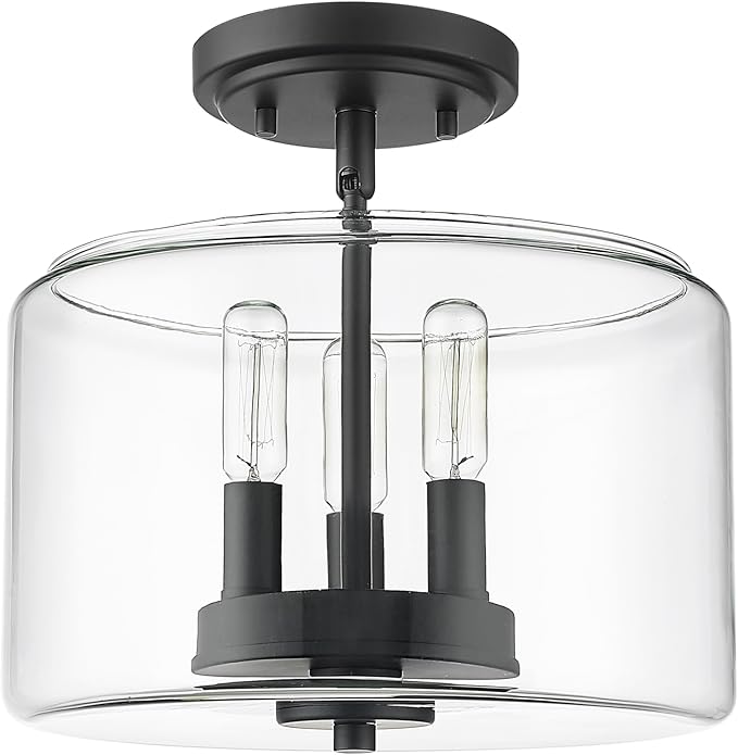 ML Lighting | Asheville Collection | 46923-MB | Metal 3-Light Semi-Flush in Matte Black with Clear Glass Shade | for Compact Spaces Close to Ceiling | Modern Design with an Heirloom Quality