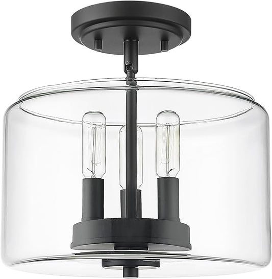 ML Lighting | Asheville Collection | 46923-MB | Metal 3-Light Semi-Flush in Matte Black with Clear Glass Shade | for Compact Spaces Close to Ceiling | Modern Design with an Heirloom Quality