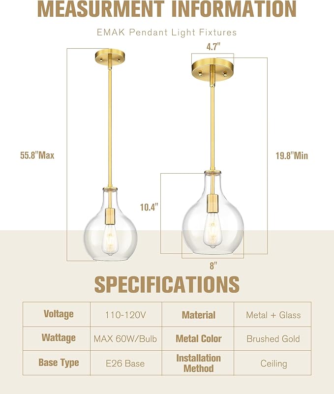 Emak Modern Brushed Gold Pendant Light, 8 Inch Pendant Lights Kitchen Island with Clear Glass Shade, Modern Hanging Light Fixture for Kitchen, Bathroom, Bedroom, Dining Room, PL125-BGD