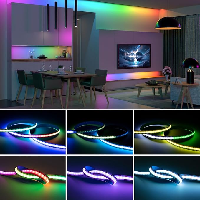 BTF-LIGHTING FCOB COB WS2811(WS2812B) IC RGB 180LED/m 360IC LED Strip DC5V 6.5FT Individual Addressable Flexible High Density Uniform Light Dream Chasing Color 10mm Width(NO Adapter or Controller)