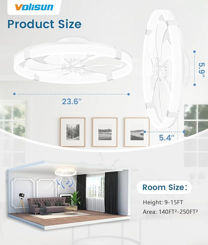 VOLISUN Low Profile Ceiling Fans with Lights and Remote, 23.6in Flush Mount Ceiling Fans with Light, 3000K-6500K Dimmable Fandelier Ceiling Fan, White Bladeless Ceiling Fan for Bedroom