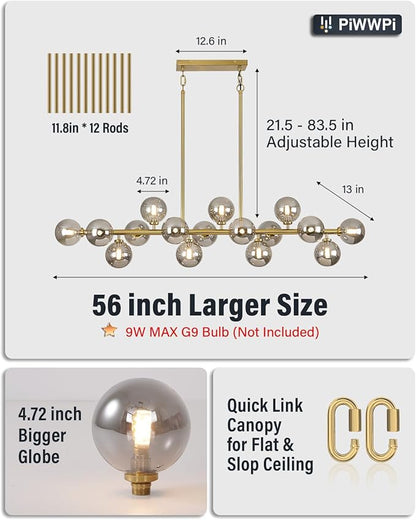 55" Long Brass Gold Chandeliers for Dining Room Kitchen Island, Large Globe Sputnik Linear Chandelier, 16 Lights Mid Century Modern Light Fixture Over Table, Smoke Grey Bubble, GC-08