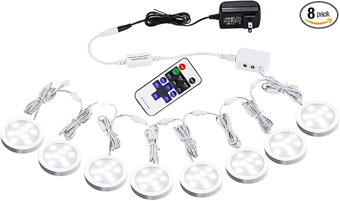AIBOO Linkable Under Cabinet LED Lighting 12V Slim Aluminum Dimmable Puck Lights with RF Remote Control & UL Listed Plug for Display Bookshelf Lighting(8 Lights, Daylight White)