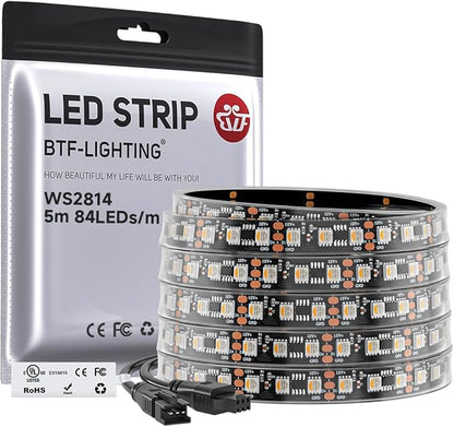 BTF-LIGHTING WS2814 IC RGBW RGB+Cool White (Similar WS2812B),Addressable DC12V 16.4FT 60LED/m 20pixel/m,UL Listed,4 Colors in 1 Dream Color LED Strip IP67 for Home Decor(No Adapter or Controller)