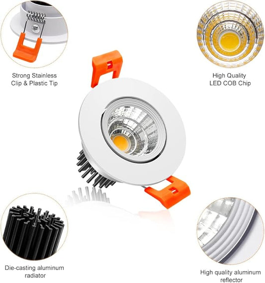 2Inch LED Recessed Ceiling Light, 3W Dimmable LED Downlight, 60 Beam Angle COB Recessed Lights with Driver, Warm White 3000K, 25W Halogen Bulbs Equivalent for Ceiling Lighting,White 6 Pack
