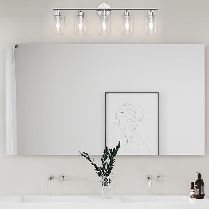 Bathroom Vanity Light Fixtures Polished Chrome Bathroom Lighting Fixture, 5 Lights Bathroom Light Fixture Over Mirror, Modern Black Vanity Light, Wall Sconces with Glass Shades