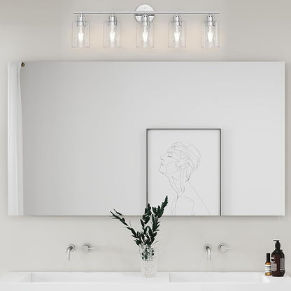Bathroom Vanity Light Fixtures Polished Chrome Bathroom Lighting Fixture, 5 Lights Bathroom Light Fixture Over Mirror, Modern Black Vanity Light, Wall Sconces with Glass Shades
