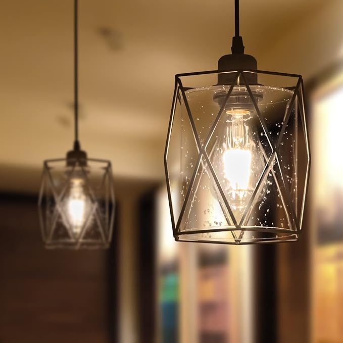 Black Pendant Light Over Table Cage Blown Clear Seeded Glass Farmhouse Hanging Light Fixture Industrial Adjustable Cord for Kitchen Island Dining Room Above Sink